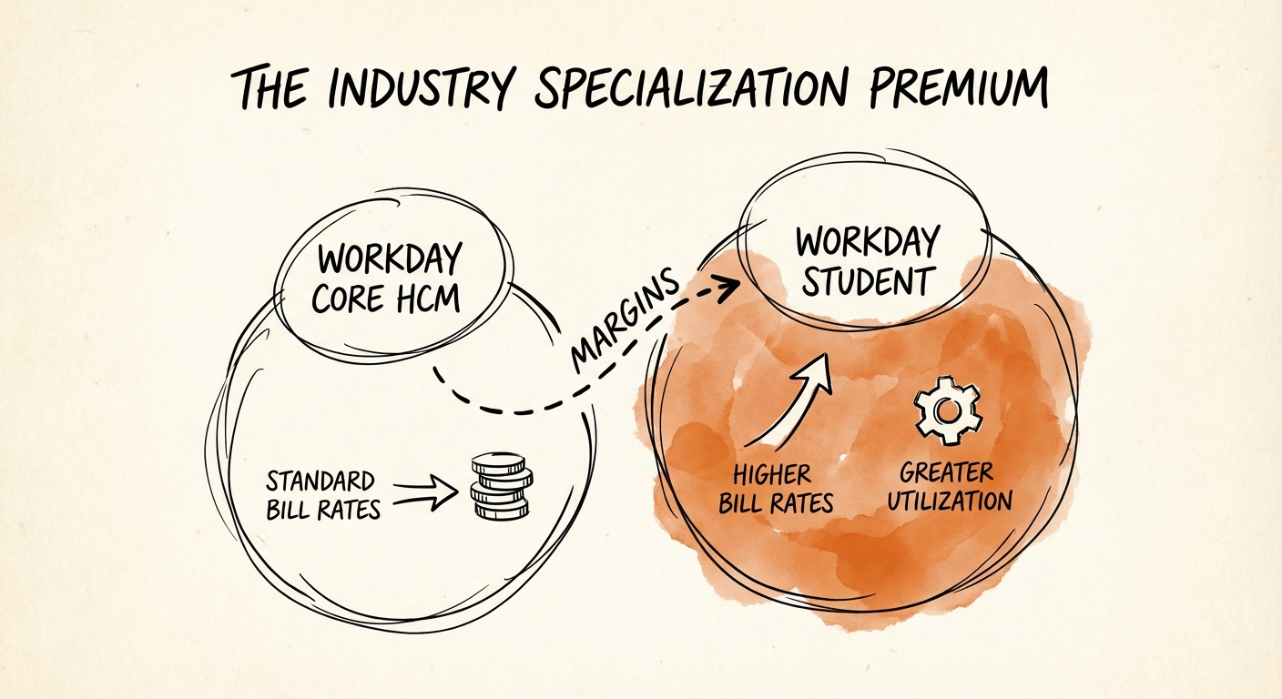Diagram comparing bill rates and utilization margins for Workday Core HCM vs. Workday Student implementations.