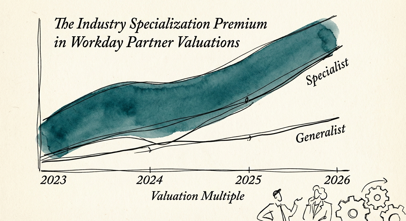Chart showing valuation multiple divergence between Generalist and Specialist Workday partners from 2023 to 2026.