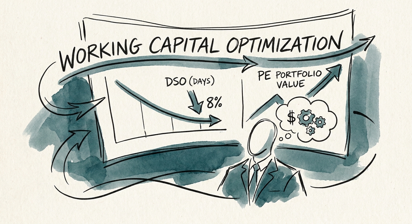 A financial dashboard showing reduced days sales outstanding and optimized working capital for a private equity portfolio company.