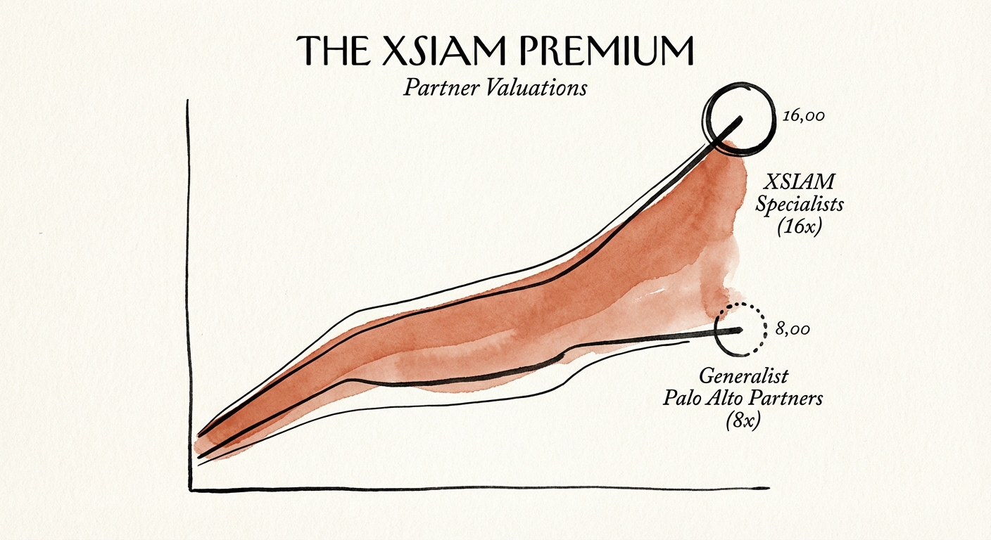 Graph showing valuation multiple bifurcation between Generalist Palo Alto Partners (8x) and XSIAM Specialists (16x)