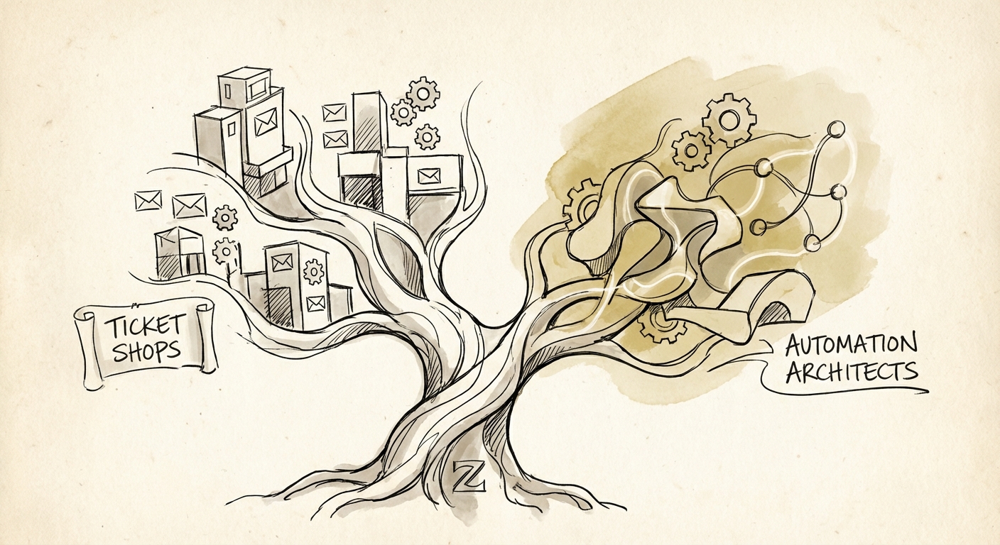 Abstract visualization of Zendesk partner ecosystem bifurcating into ticket shops and automation architects