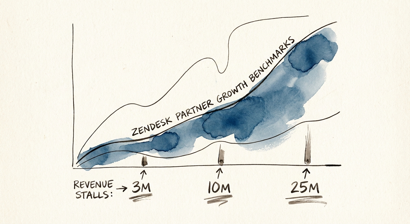 Chart illustrating the three revenue stalls for Zendesk partners: $3M, $10M, and $25M