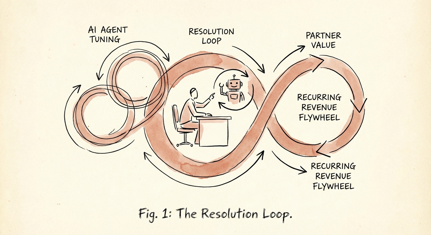 Diagram of the 'Resolution Loop' showing how AI Agent tuning creates a recurring revenue flywheel for partners.