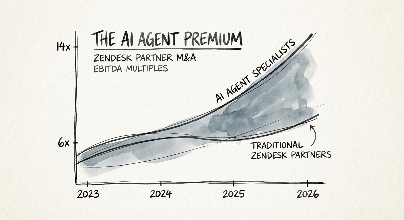 Graph showing the divergence in EBITDA multiples between traditional Zendesk implementation partners (6x) and AI Agent specialists (14x) from 2023 to 2026.