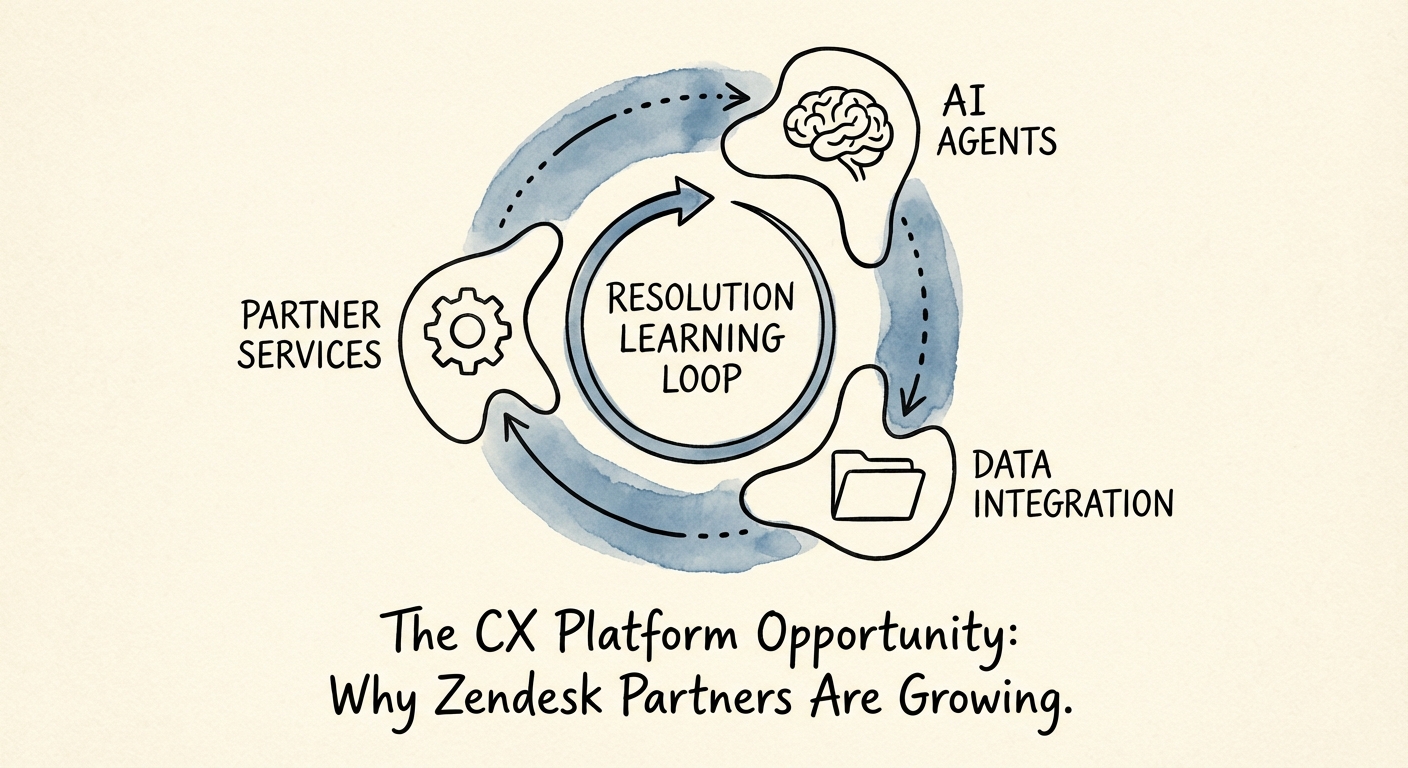Diagram illustrating the 'Resolution Learning Loop' where partner services optimize AI agents and data integration.