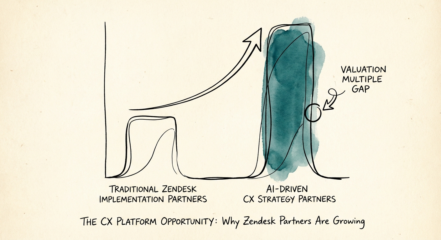 Chart showing the valuation multiple gap between traditional Zendesk implementation partners and AI-driven CX strategy partners.