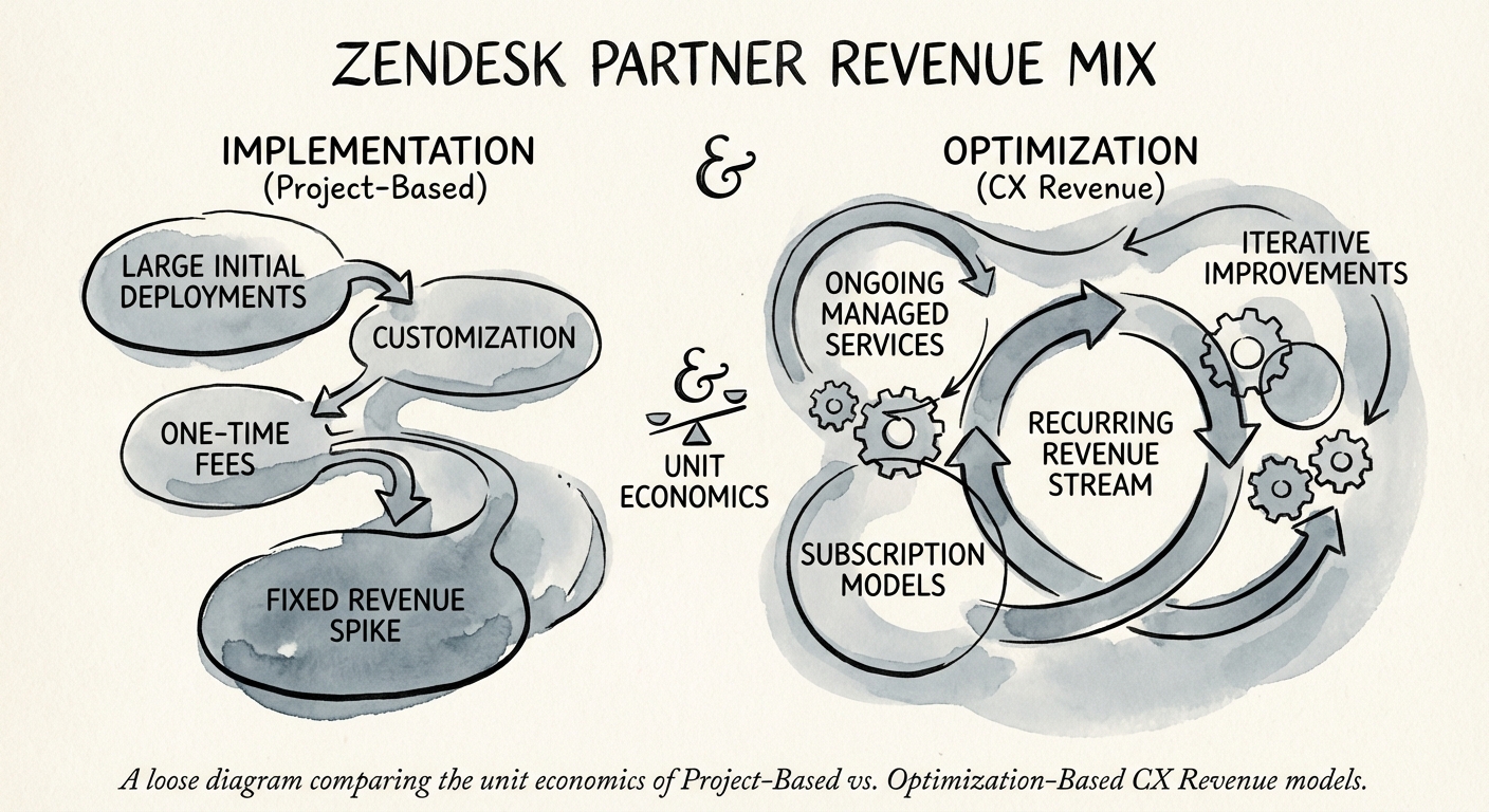 Diagram comparing the unit economics of Project-Based vs. Optimization-Based CX Revenue models