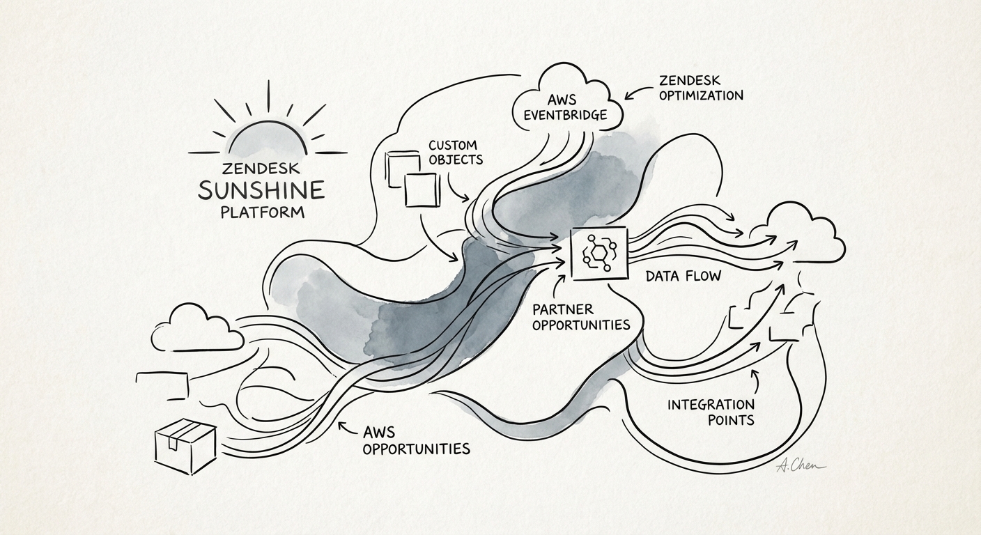 Diagram illustrating the Zendesk Sunshine architecture with Custom Objects and AWS EventBridge integrations.