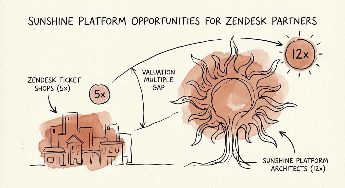 Chart showing valuation multiple gap between Zendesk Ticket Shops (5x) and Sunshine Platform Architects (12x).