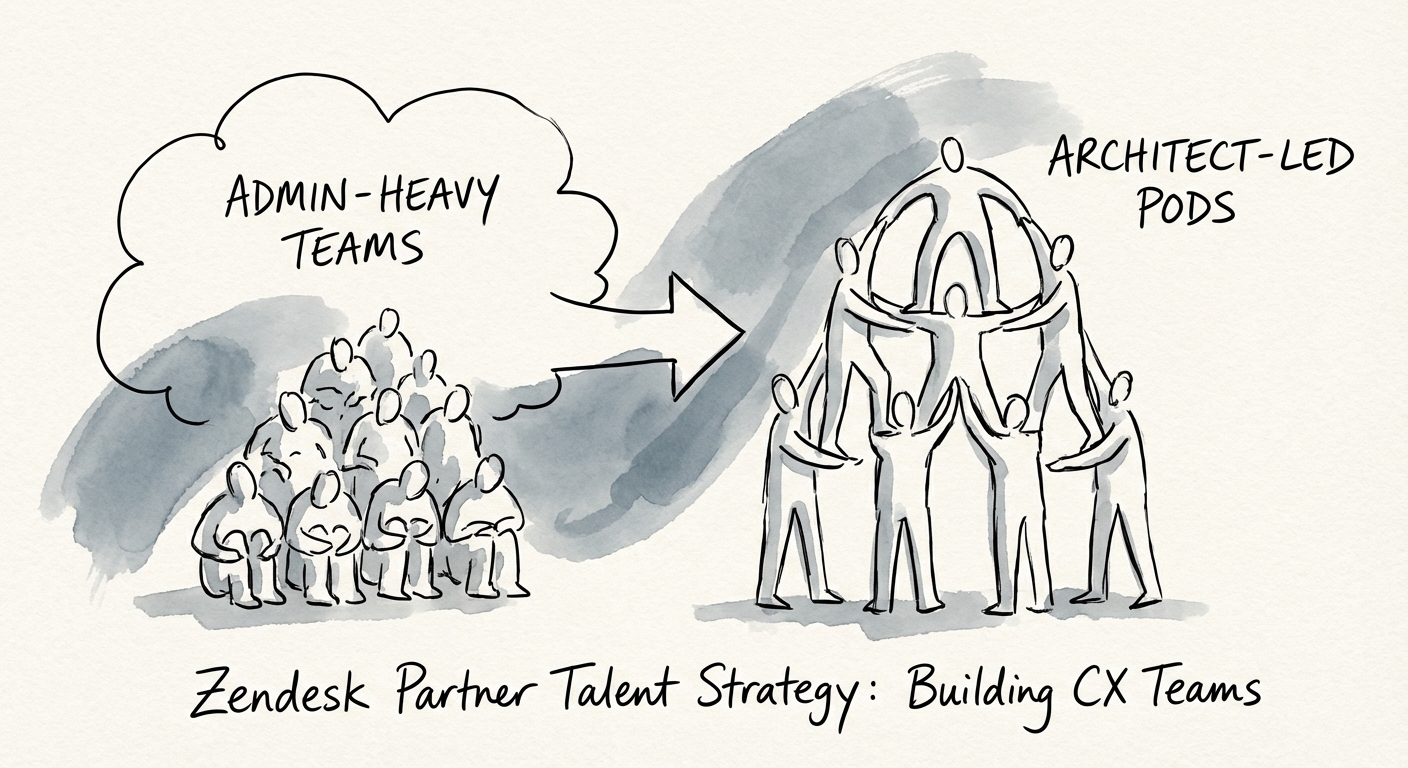 Zendesk partner talent hierarchy showing the shift from admin-heavy teams to architect-led pods