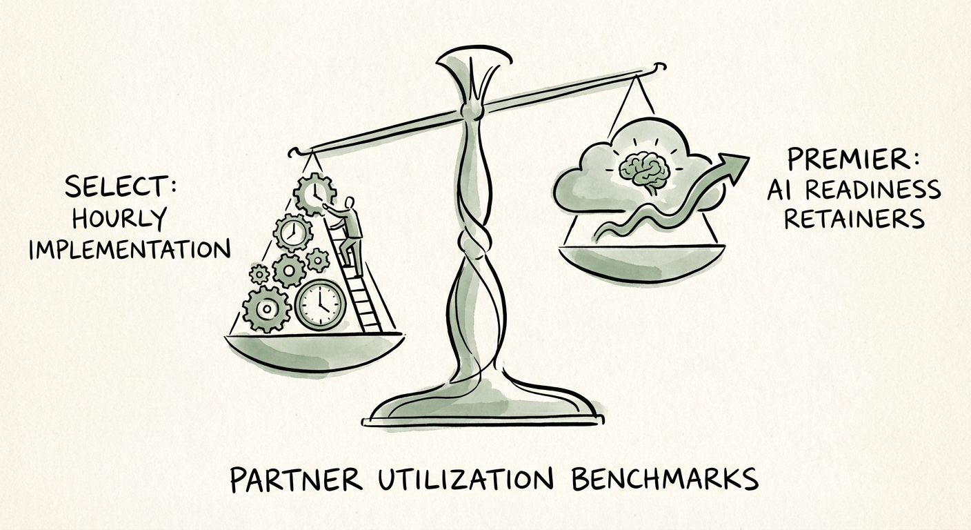 Comparison of 'Select' vs 'Premier' Zendesk partner revenue models: Hourly Implementation vs. AI Readiness Retainers.