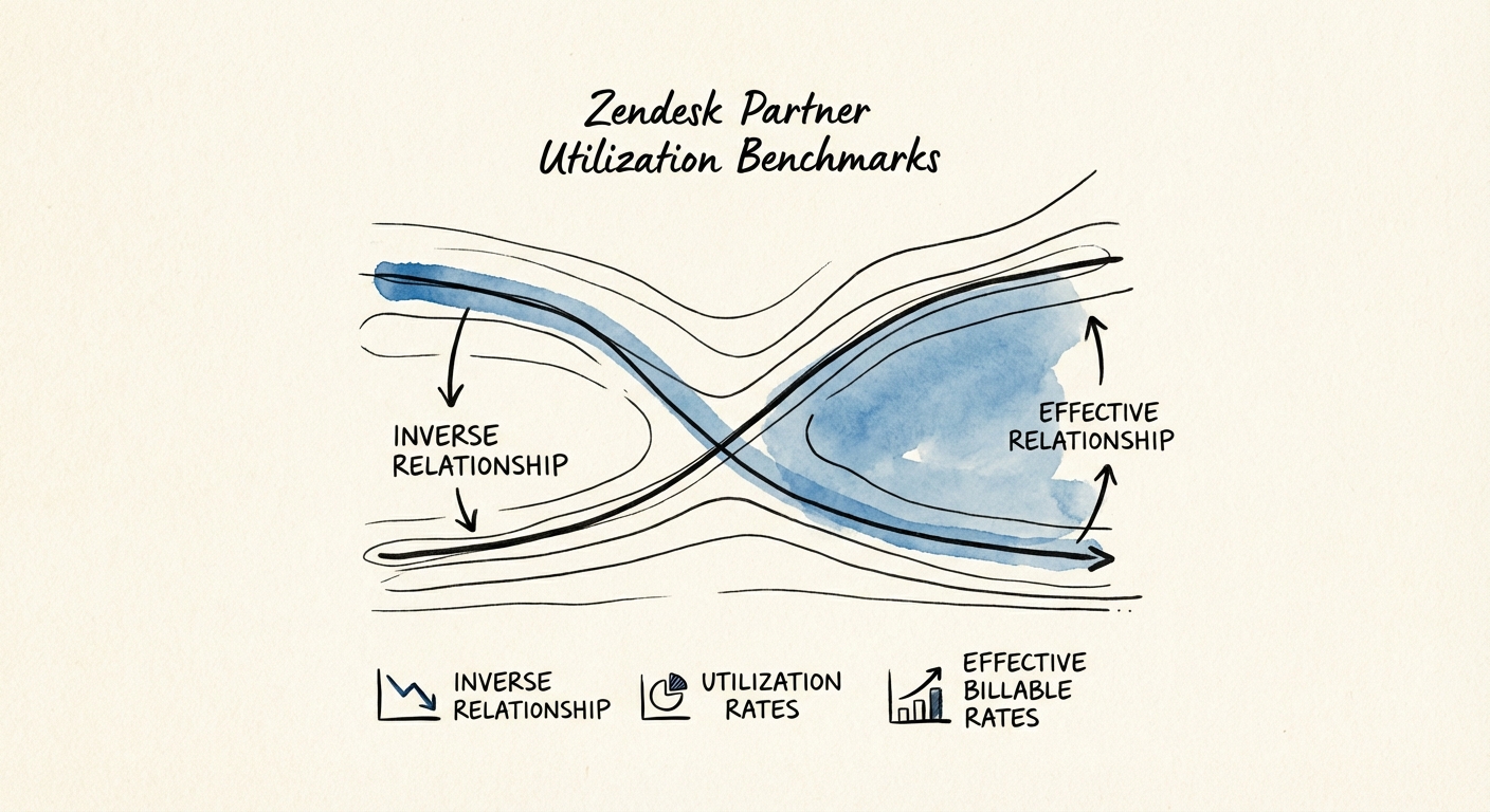 Chart showing the inverse relationship between Zendesk partner utilization rates and effective billable rates.