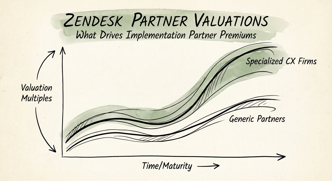 Graph showing the divergence in valuation multiples between generic Zendesk implementation partners and specialized CX transformation firms.