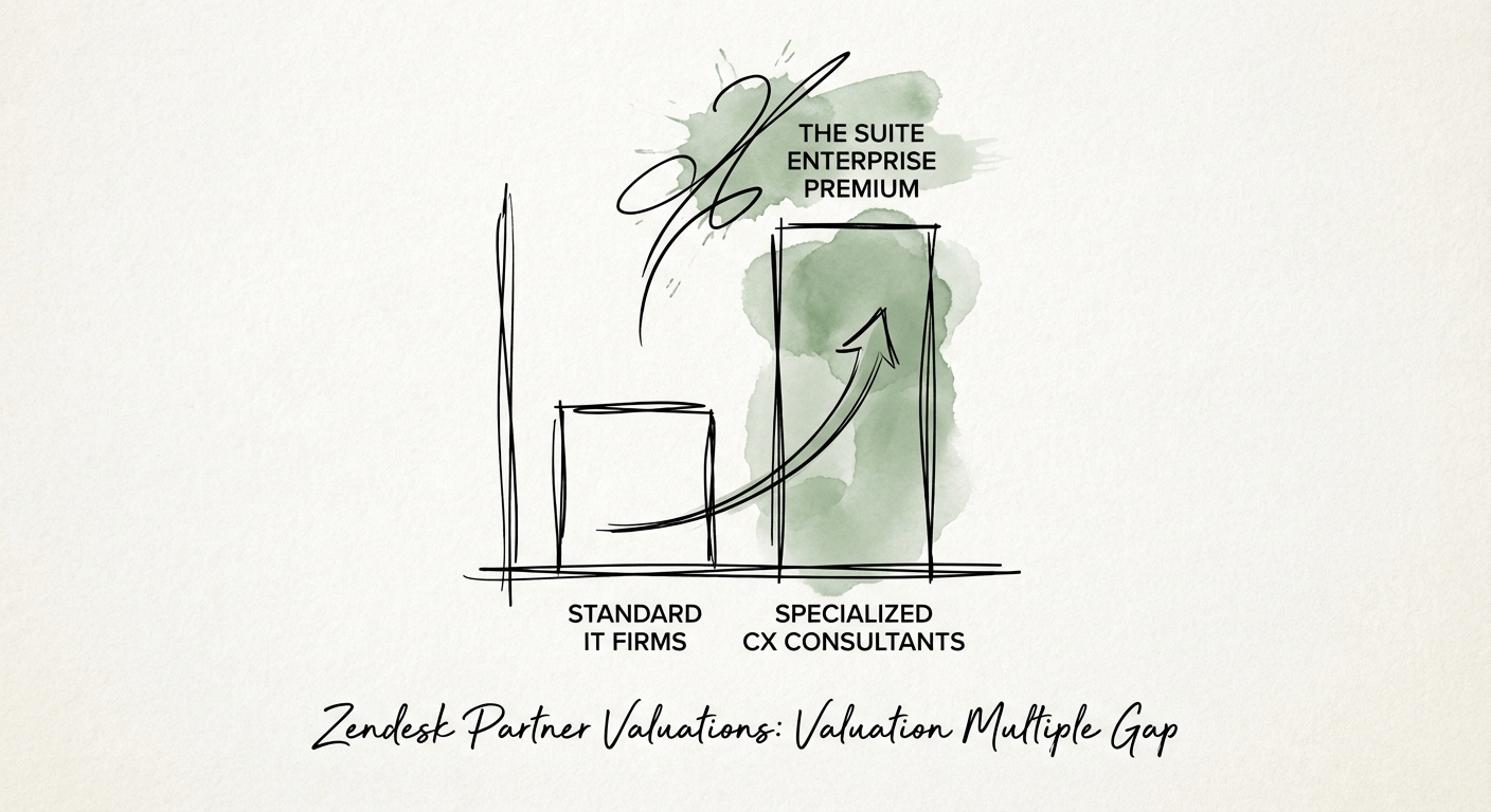 Chart showing the valuation multiple gap between standard IT implementation firms and specialized CX platform consultants.