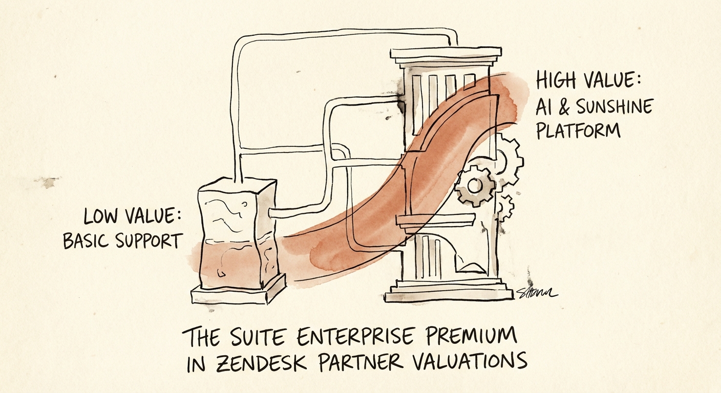 Abstract visualization of a Zendesk partner valuation matrix, contrasting low-value support implementation with high-value AI and Sunshine platform architecture.