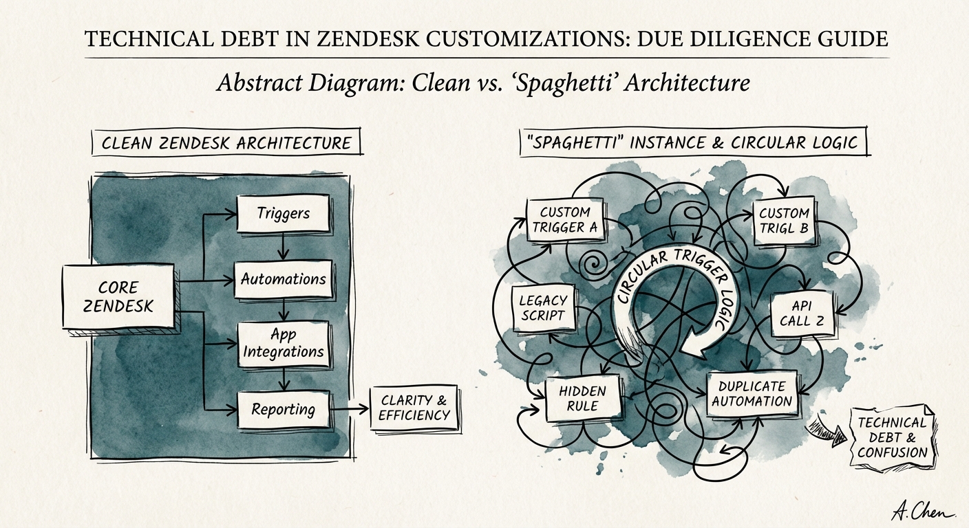 Diagram showing the difference between a clean Zendesk architecture and a 'spaghetti' instance with circular trigger logic
