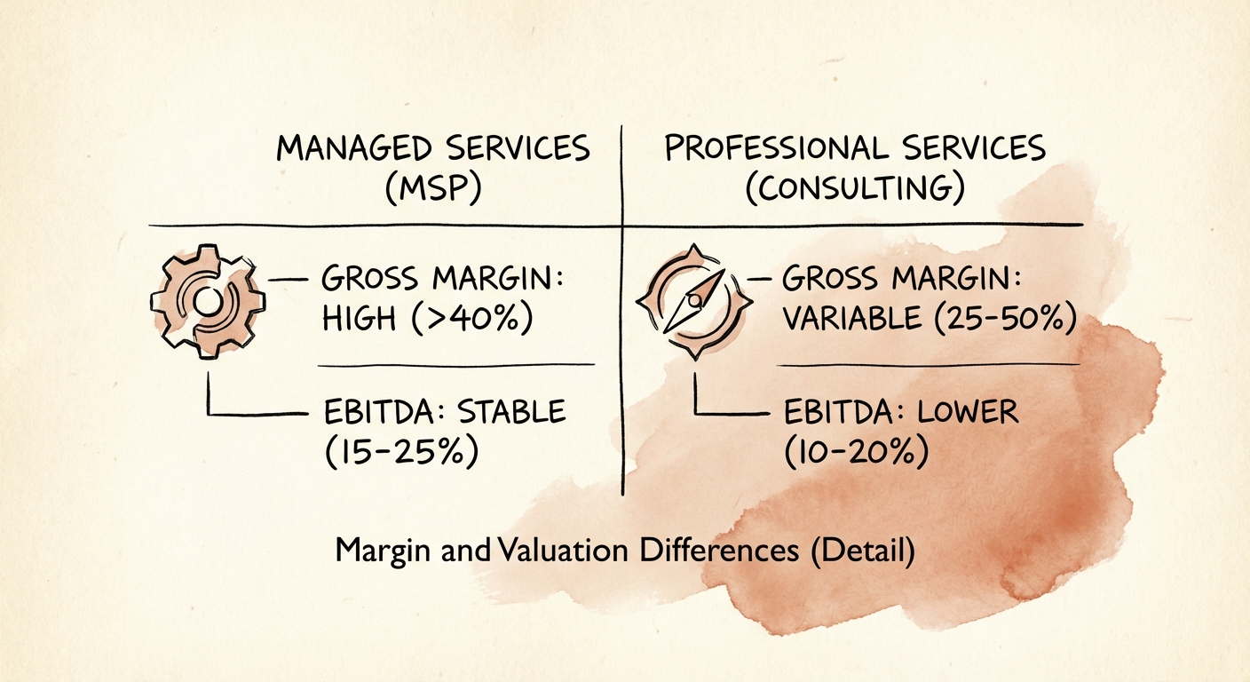 Comparison table of Gross Margin and EBITDA benchmarks for MSP vs Consulting firms