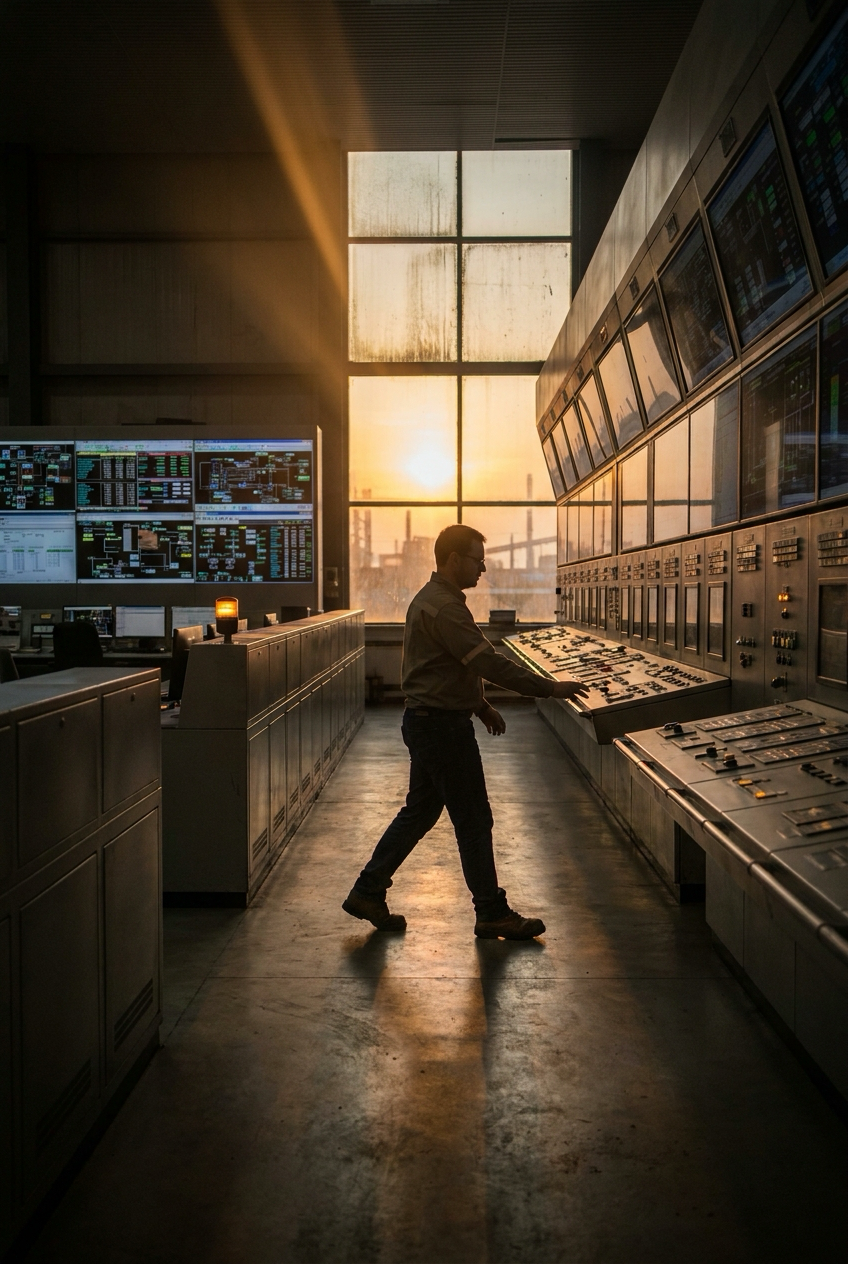 Control-room desk with monitors lit against a dim background.