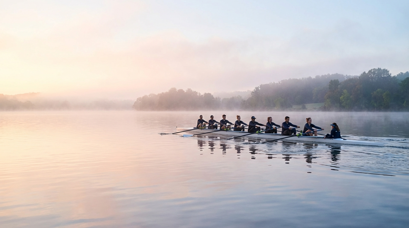 Eight-person rowing crew sculls across a misty dawn lake in synchronized motion.