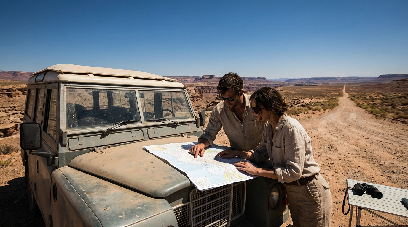 Two travelers consult a paper map on the dusty hood of a 4x4 with red-rock canyons receding behind them.