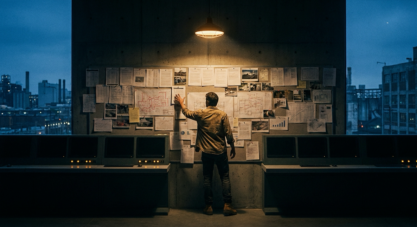 Single figure stands at a vast wall of pinned engagement documents — printed reports, photographs, redlined plans, dashboards — hand reaching toward one page, lit by a single warm overhead lamp at night.