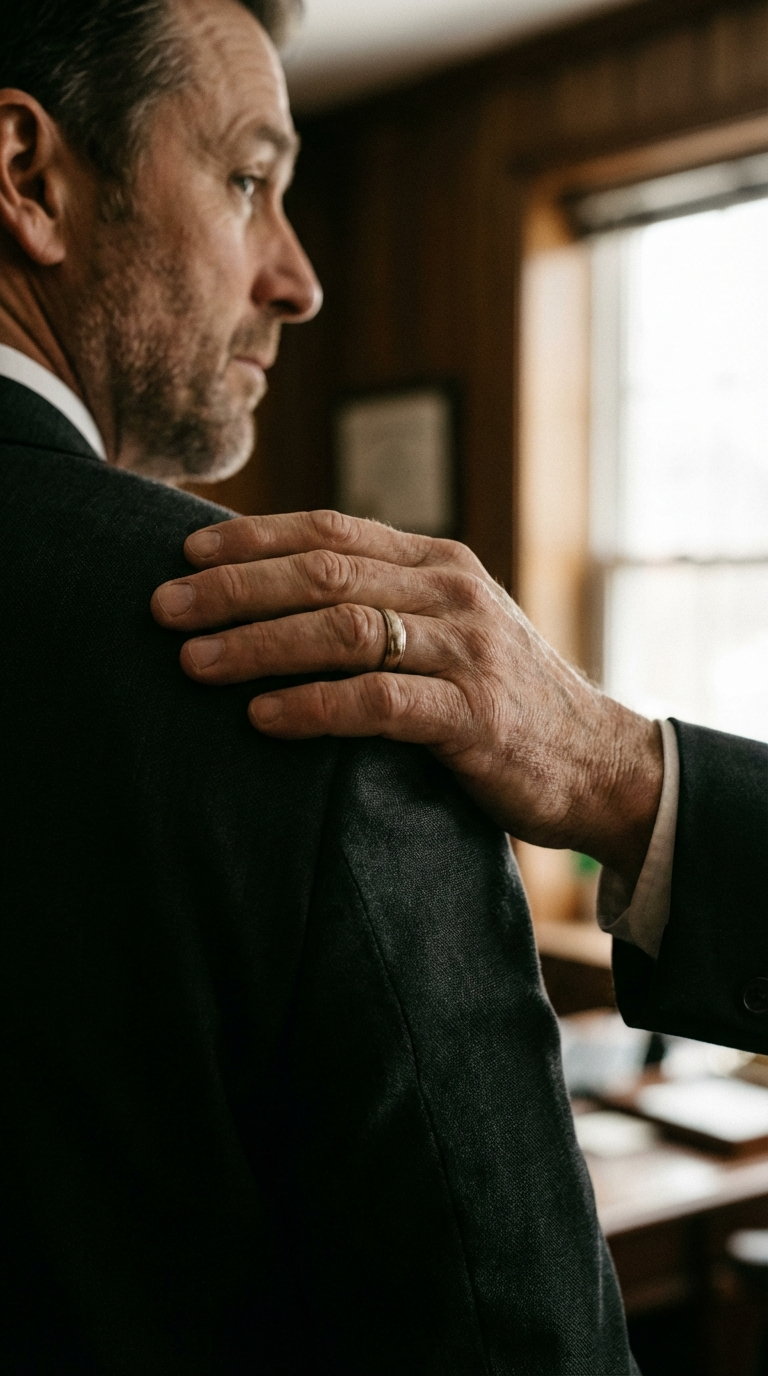 Operator hand on the shoulder of a colleague after a successful turnaround review.