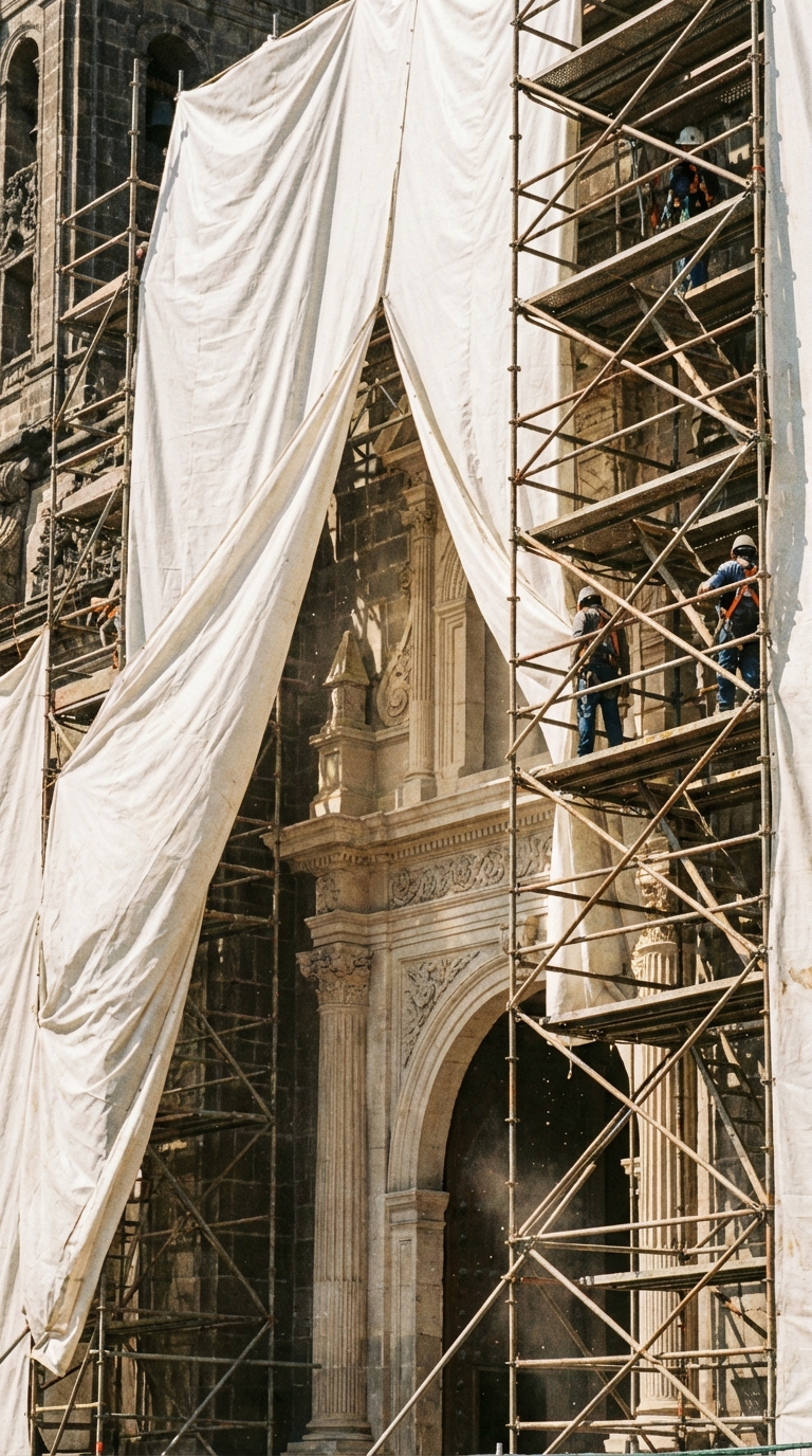 Framework scaffolding on a studio wall with structured steps and measurement marks.