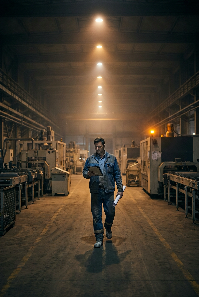 Single operator in a blue work shirt walks the center aisle of a vast industrial facility at night, tablet in one hand and rolled drawing in the other, lit by a single line of overhead floodlights.