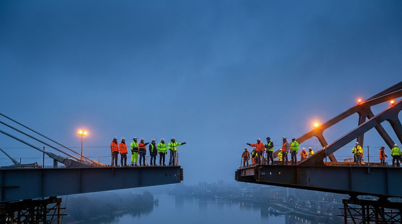 Two construction crews face each other across an unfinished bridge gap at dusk over fog and water.