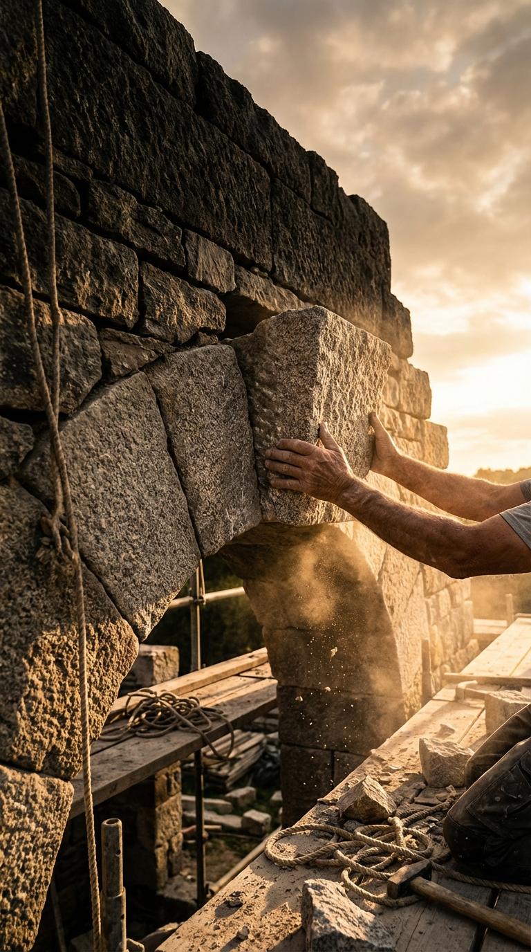 Mason's hands set a heavy granite keystone into a sunlit ancient stone arch at golden hour.