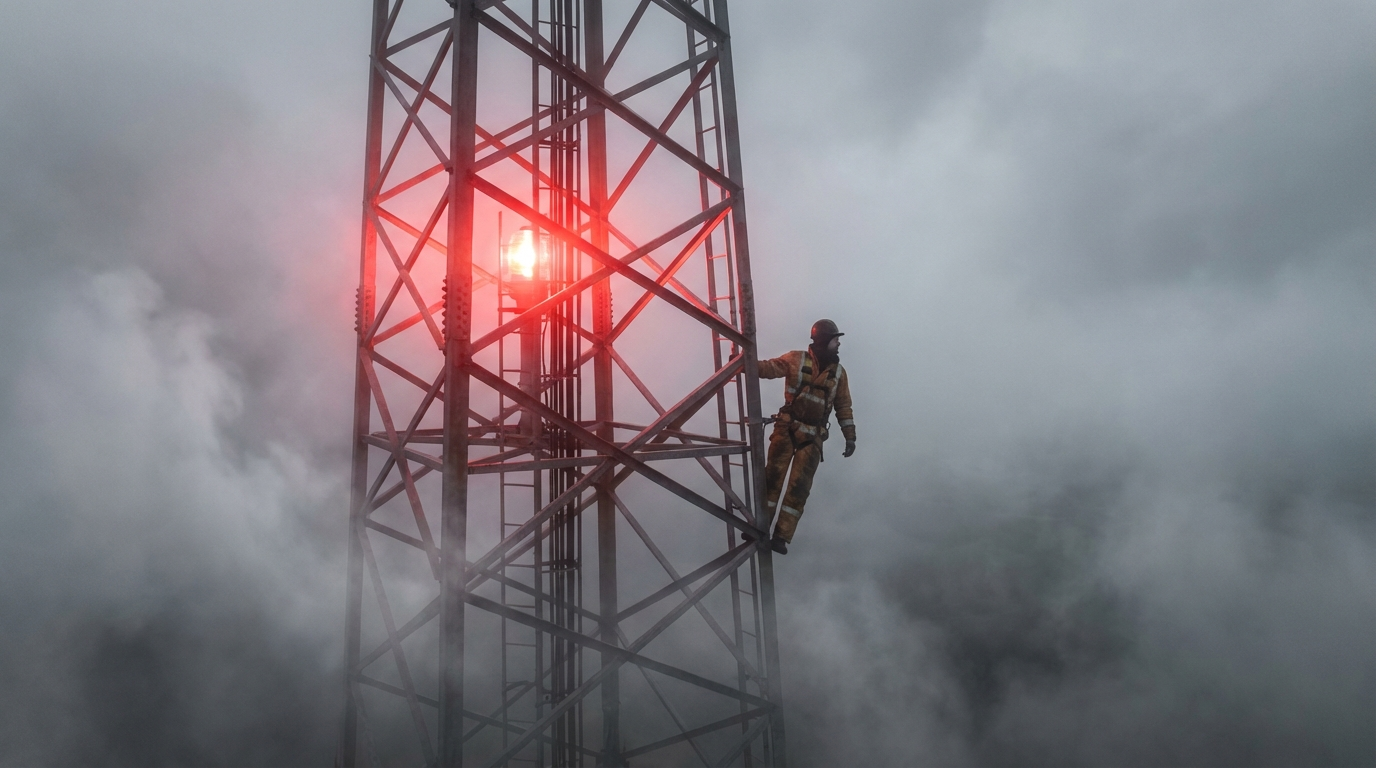 Lineworker climbs a fog-shrouded steel signal tower toward a glowing red beacon at dusk.