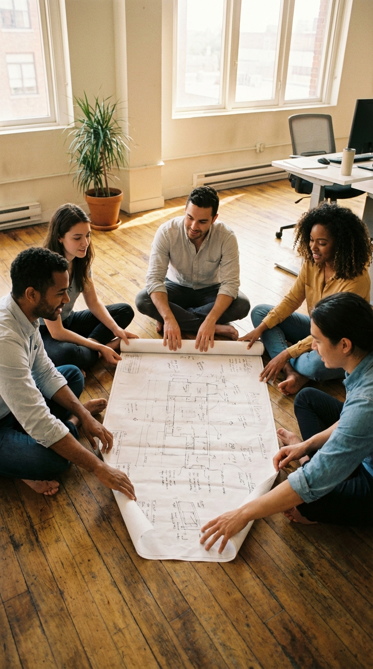 Five teammates sit on a wood floor reviewing a large unrolled blueprint together in a sunlit loft office.