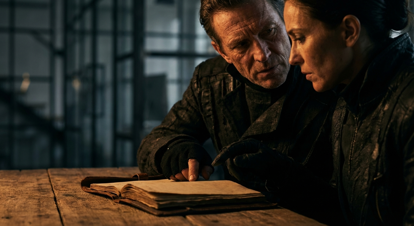 Two advisors lean over an open ledger by lamplight, intently examining records together in a dim industrial setting.