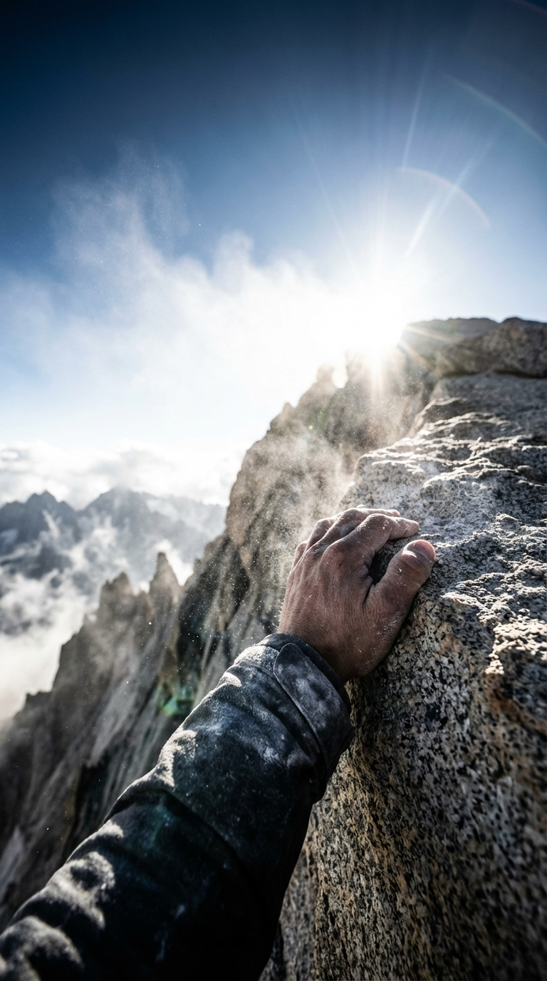 First-person view of a climber's hand gripping a sunlit alpine summit ridge with peaks receding behind.