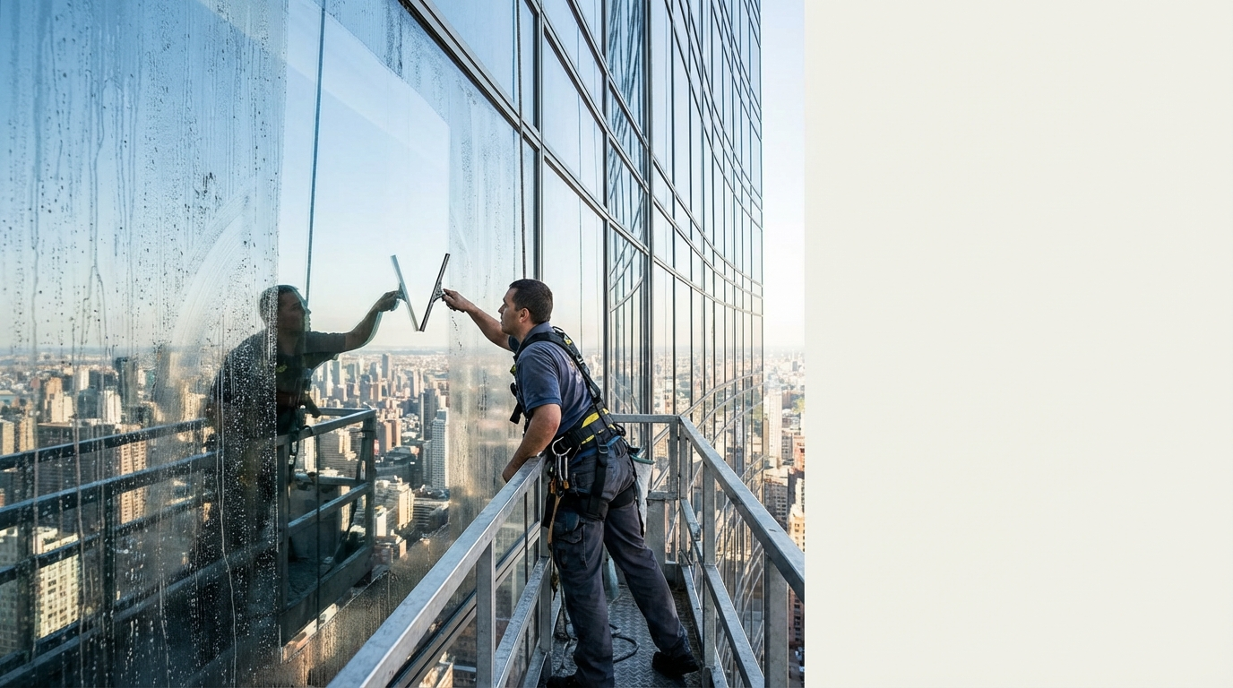 Window cleaner in safety harness wipes a skyscraper glass facade above a hazy sunlit city skyline.
