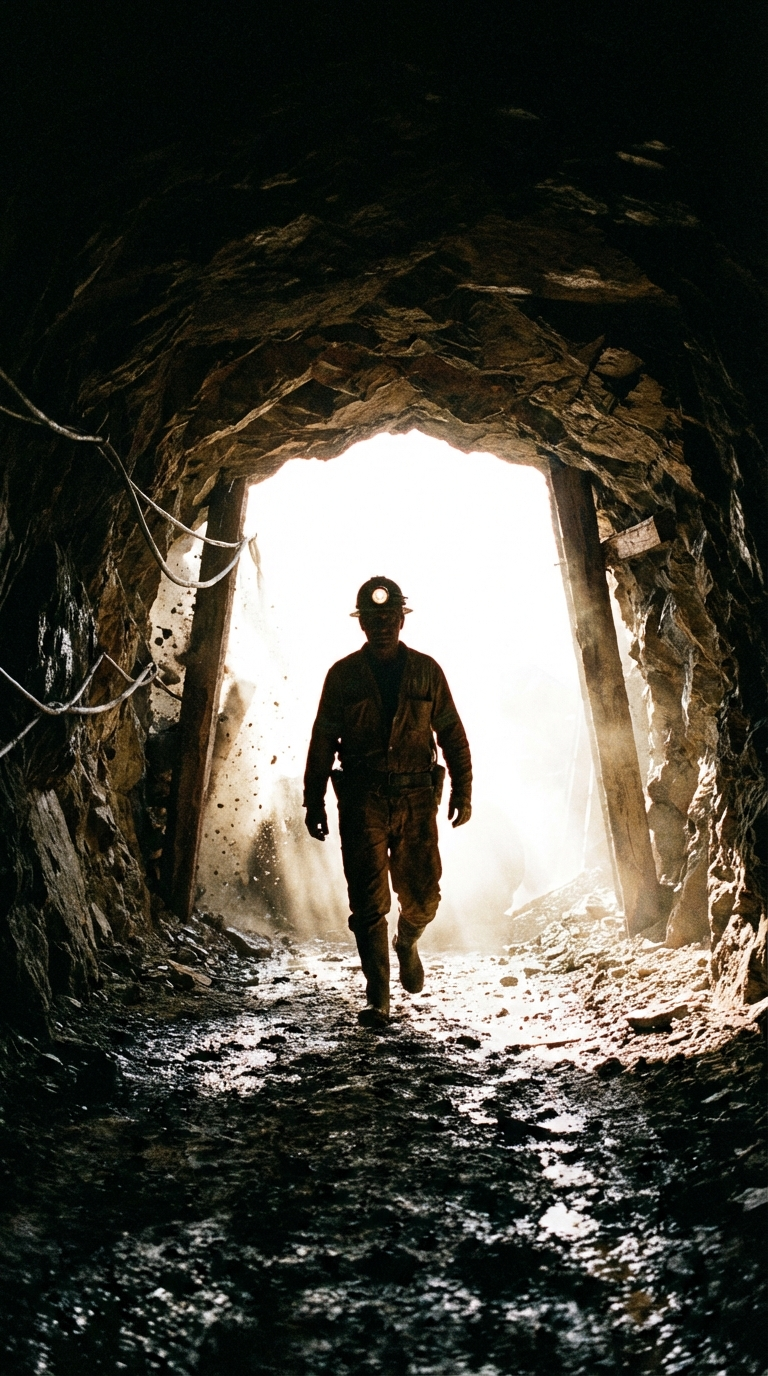 Silhouetted miner with a headlamp walks toward the bright mouth of a rough-hewn tunnel.