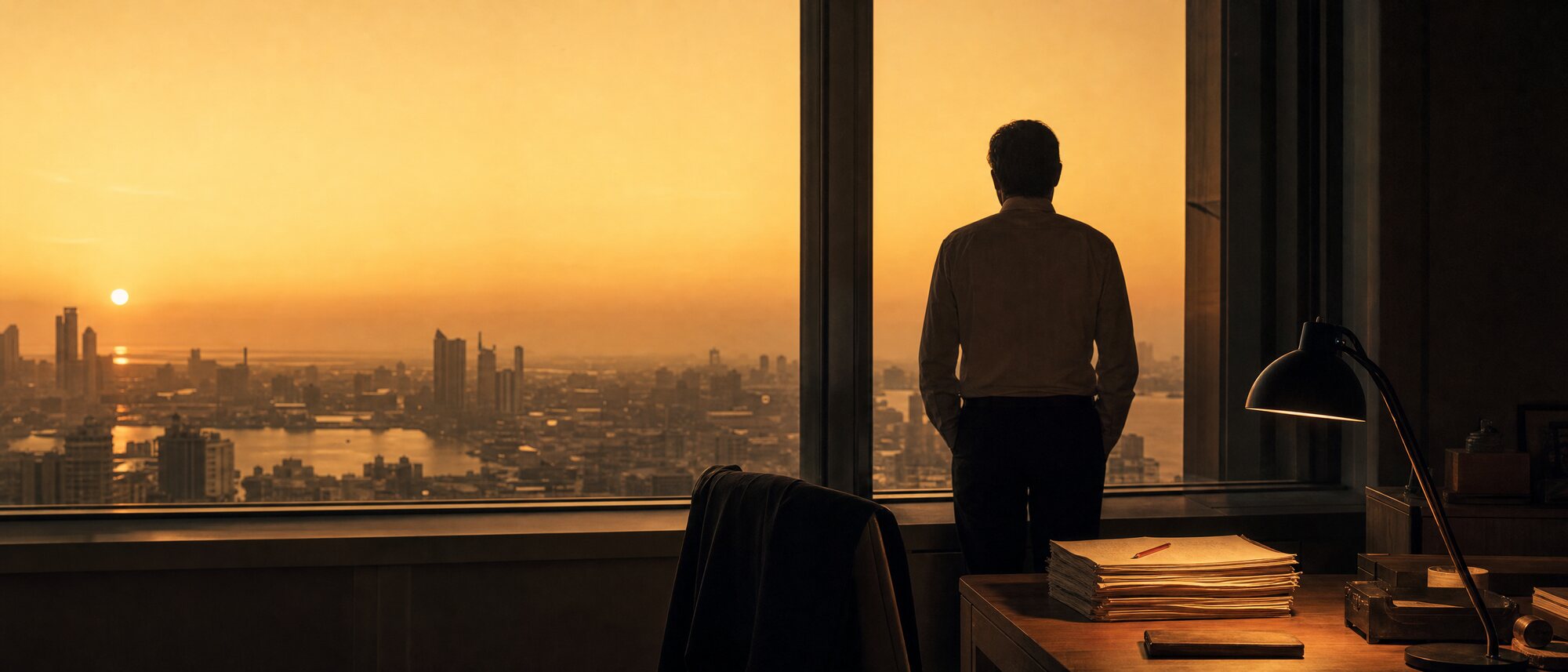 A figure seen from behind at a tall office window at dawn, city skyline in amber haze, a desk lamp still lit over a squared stack of papers with a red pencil resting on top.