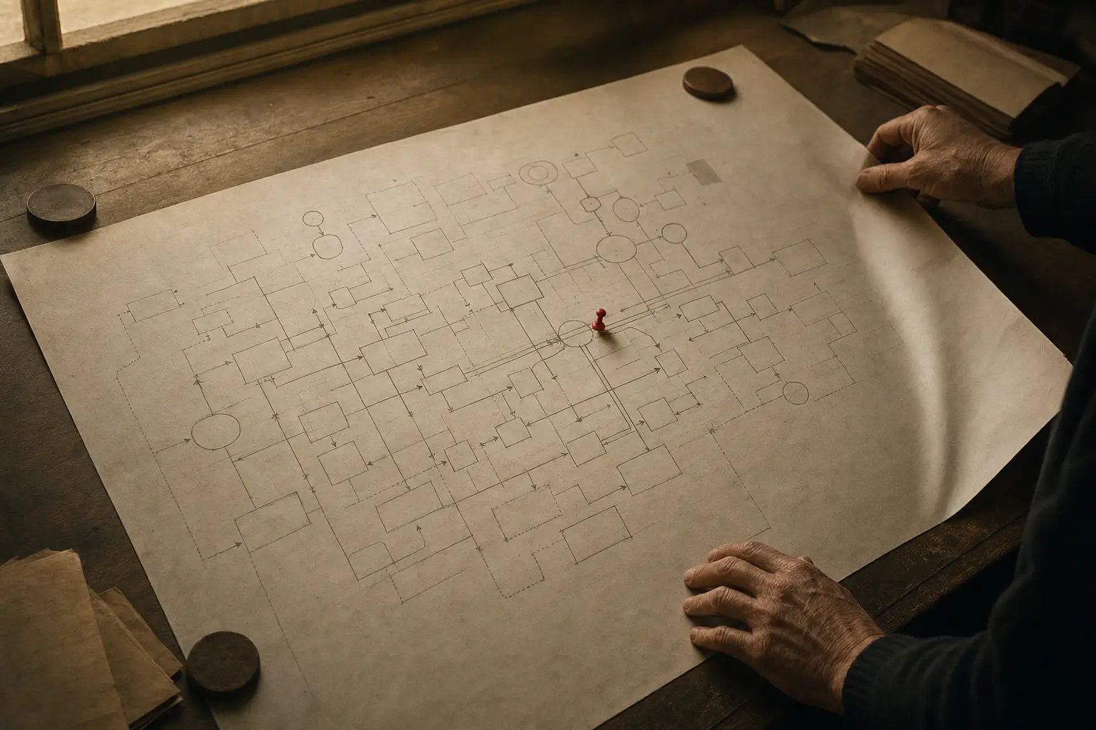 Hands smoothing the corner of a process map pinned to a drafting table, a red pin marking one congested junction in the abstract flow of boxes and connectors.