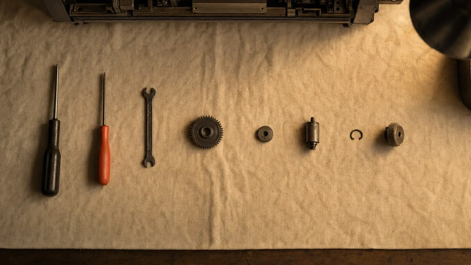 A workshop machine with its cover open and tools laid in strict order on a canvas cloth beside it, one terracotta-handled screwdriver among them.