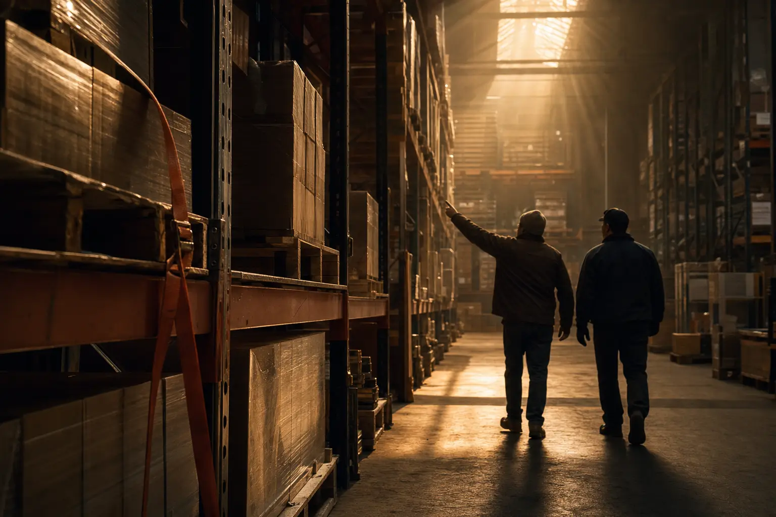 Two figures seen from behind walking a warehouse aisle under skylight shafts, one pointing to a pick station, a terracotta strap around stock in the near rack.