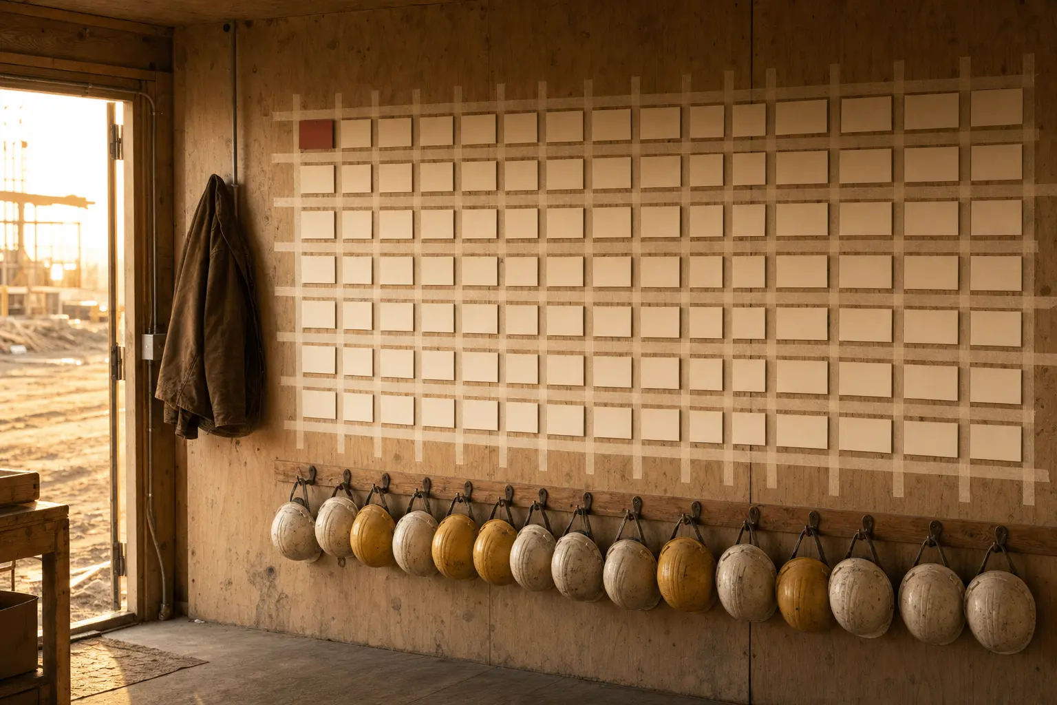 A freshly taped grid of blank calendar cards on a job-site trailer wall, hard hats on hooks below and the first card terracotta in the morning door light.