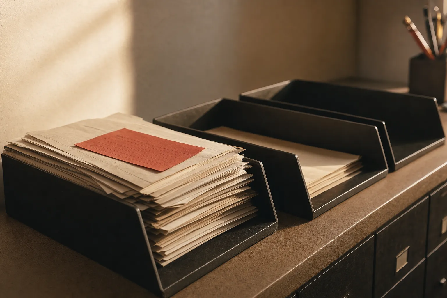Three paper trays in a row on an office counter, full to empty, a red routing slip on the first stack in warm afternoon light.