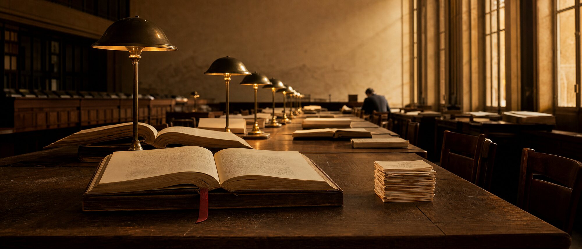 A long reading-room table with open reference volumes under lit brass lamps, late window light beyond, a red ribbon bookmark hanging from the nearest volume.