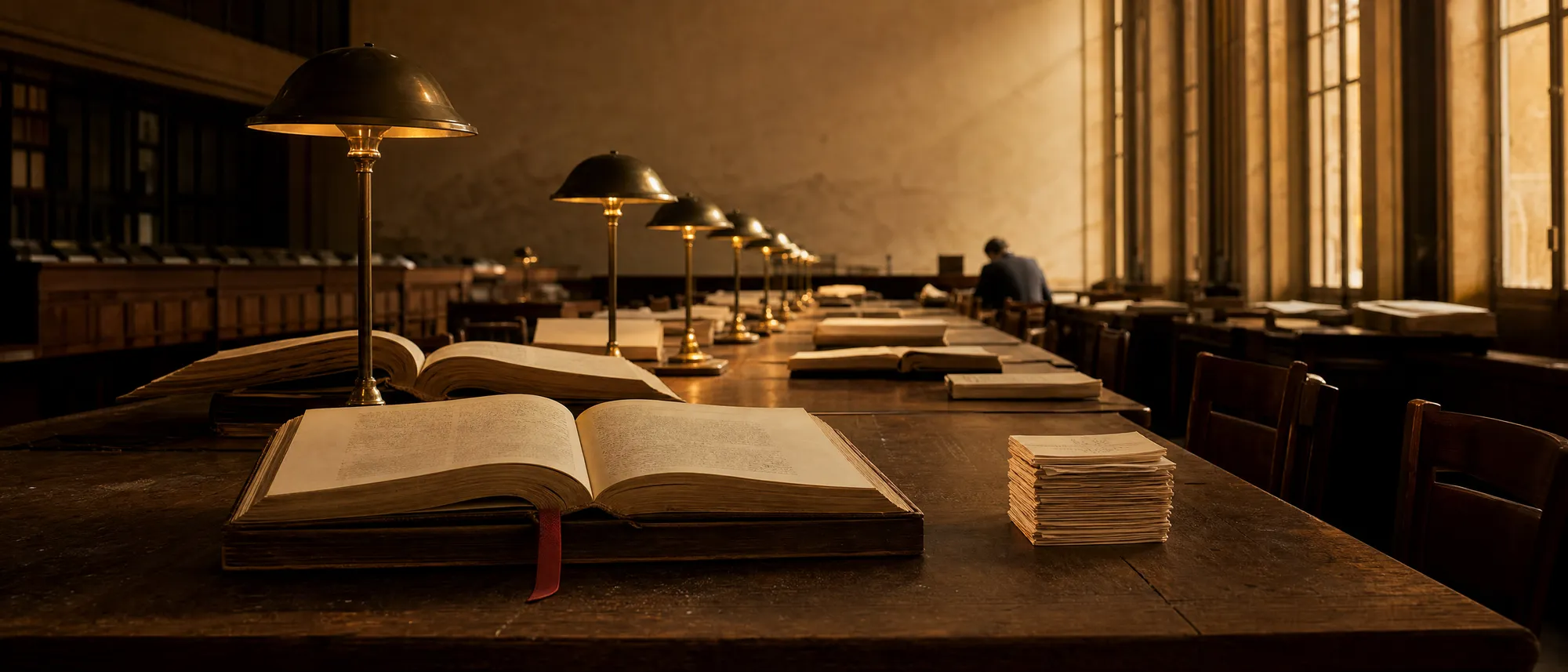 A long reading-room table with open reference volumes under lit brass lamps, late window light beyond, a red ribbon bookmark hanging from the nearest volume.