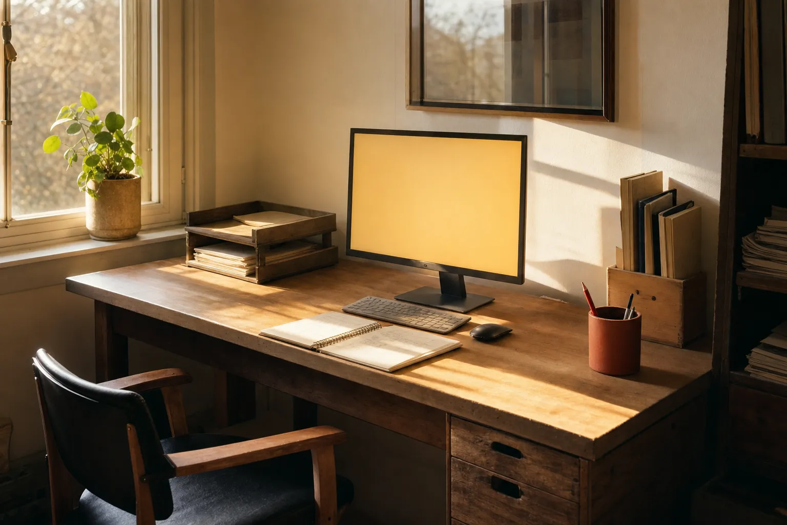A tidy office desk in morning daylight with a warm glowing screen, open notebook and a terracotta pencil cup at its corner.
