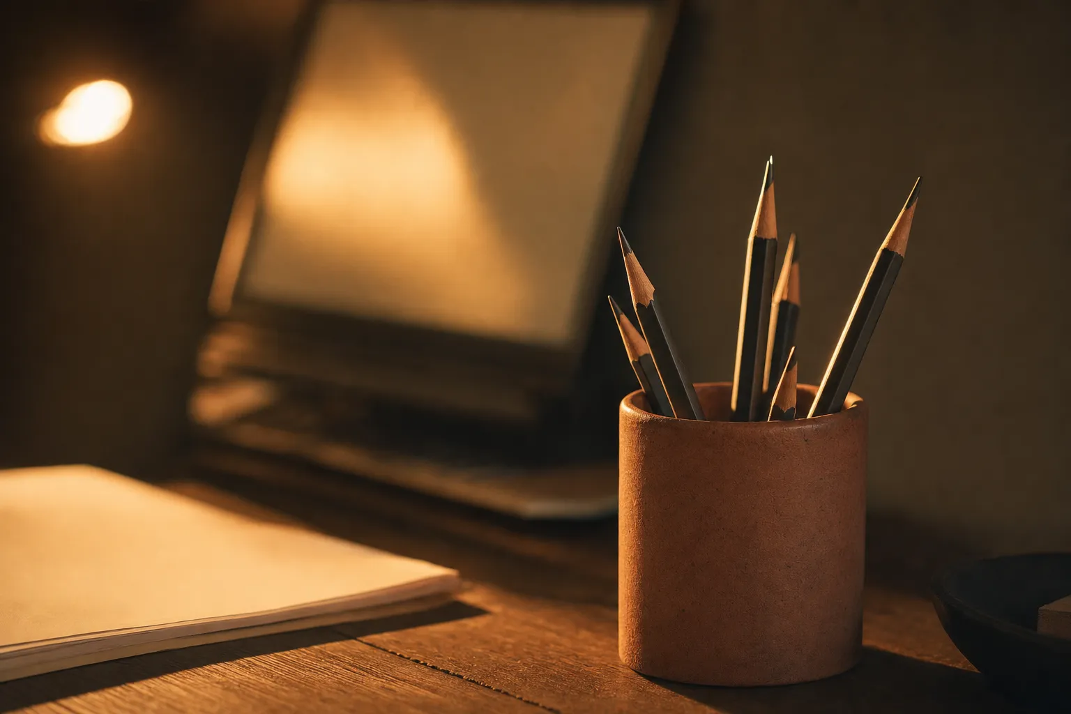 A terracotta pencil cup of sharpened pencils in close focus, warm screen glow and morning light soft behind.