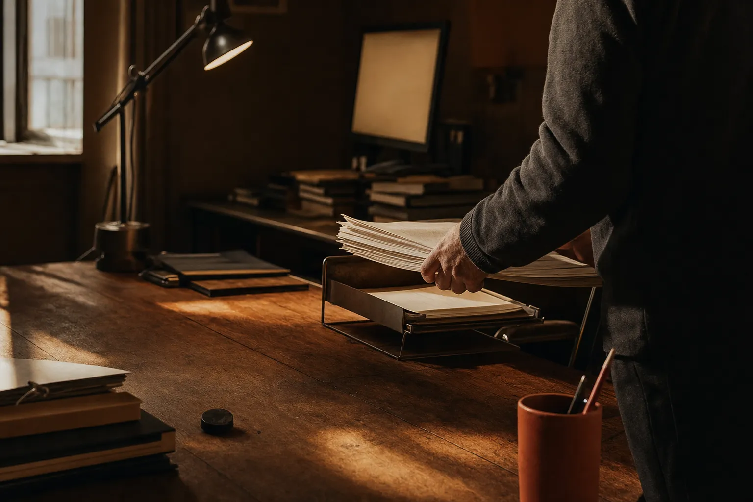 A hand lifting a printed stack from the tray of a daylit office desk, the terracotta pencil cup at its corner.