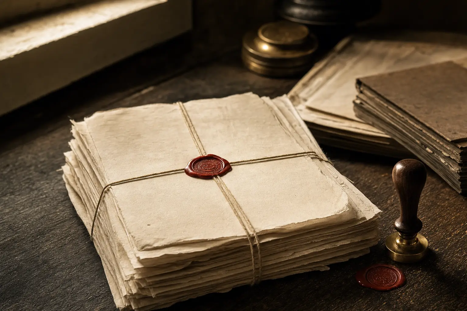 Documents tied with cord under a red wax seal, the brass stamp resting beside its impression in window light.