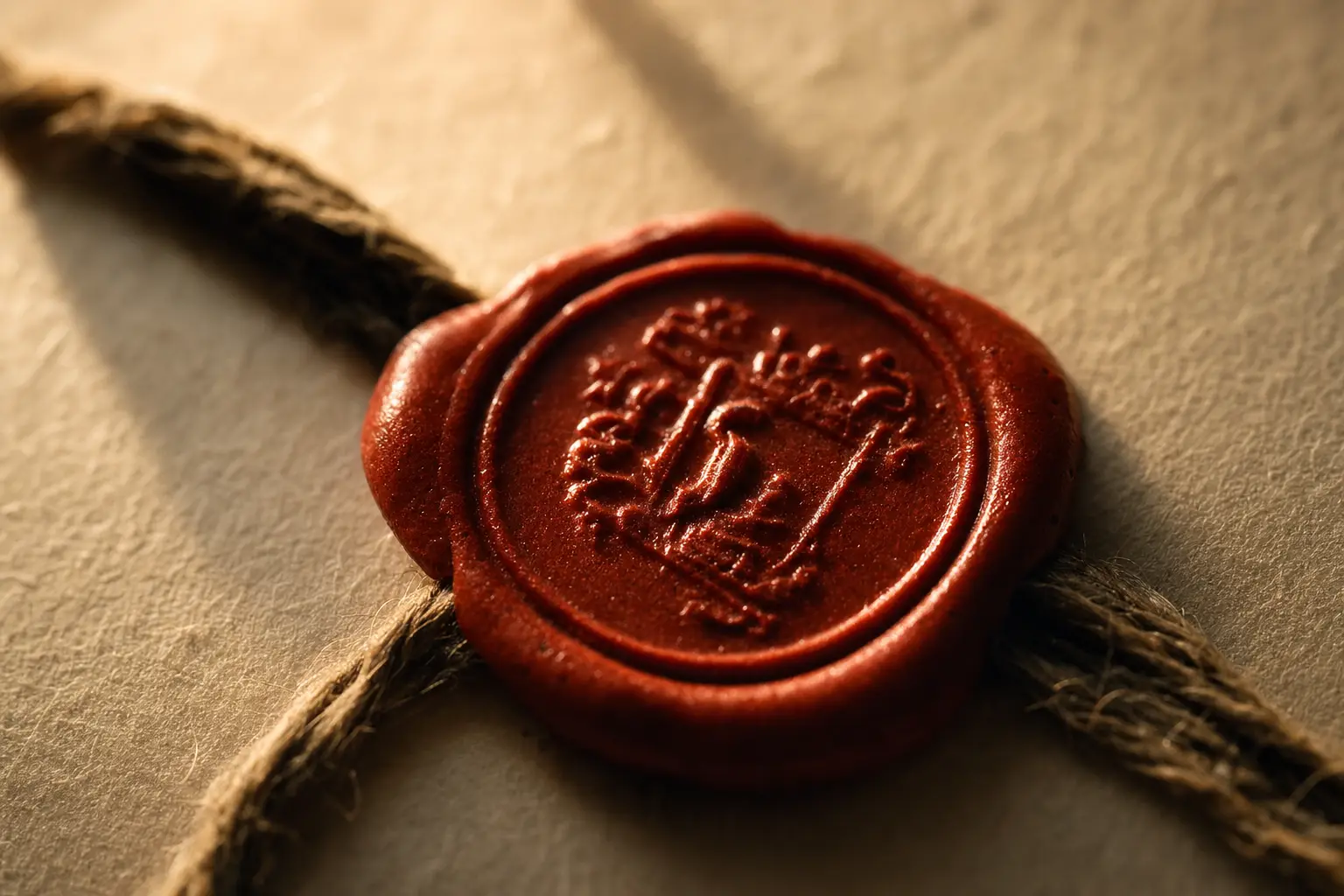 A red wax seal in close relief with cord crossing beneath it, its impression catching window light.