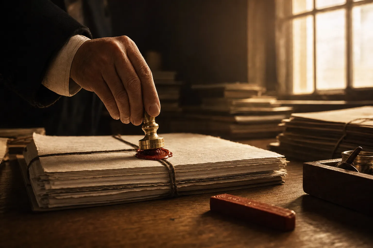 A brass stamp mid-press into bright molten red wax over corded documents.